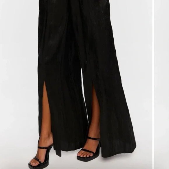 Nwt Forever 21 Black Satin Split Hem Palazzo Pants Size Large - Picture 2 of 3
